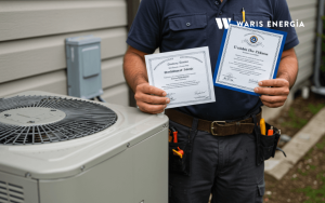 Profesional autorizado verificando instalacion de aire acondicionado con certificaciones visibles
