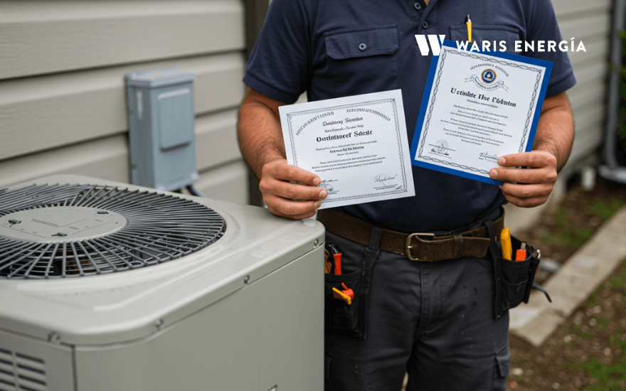 Profesional autorizado verificando instalacion de aire acondicionado con certificaciones visibles