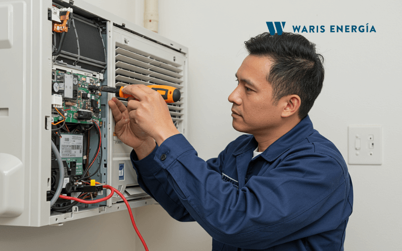 Tecnico profesional instalando aire acondicionado con herramientas especializadas en vivienda