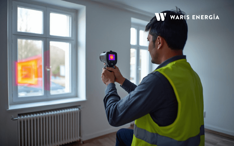 Tecnico realizando auditoria energetica con camara termografica en edificio residencial