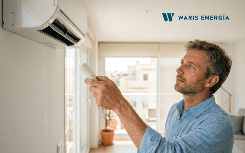 mano regulando con mando la temperatura del aire acondicionado para ahorrar