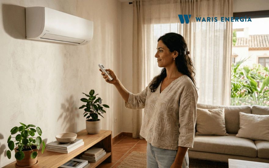 mujer ajustando temperatura aire acondicionado split en salon de casa en verano