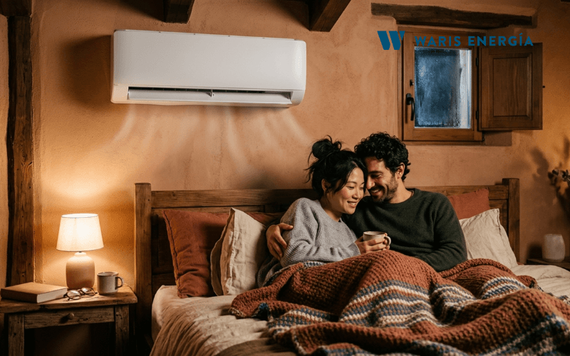 pareja descansando en dormitorio con aire acondicionado bomba de calor en invierno