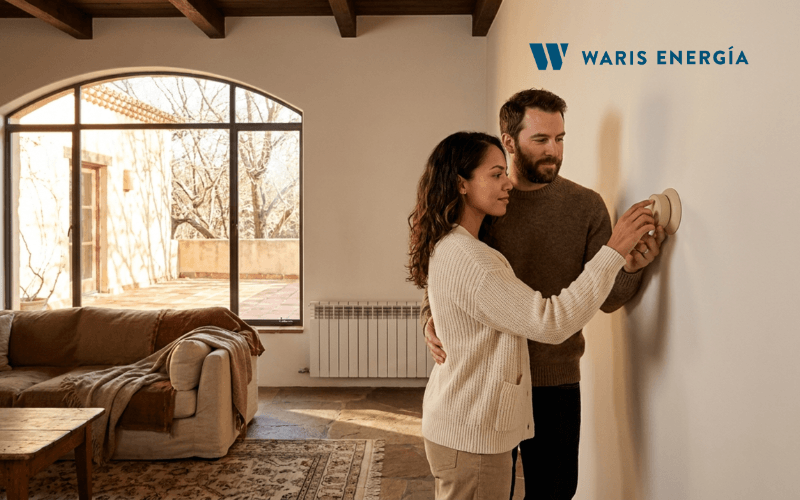 pareja ajustando el termostato de la calefaccion de gas natural en casa