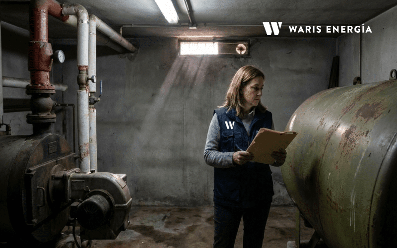 sala de calderas con antiguo deposito de gasoleo en edificio de Madrid