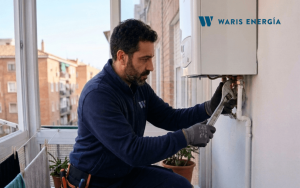 tecnico instalador conectando caldera de gas natural en vivienda de Madrid